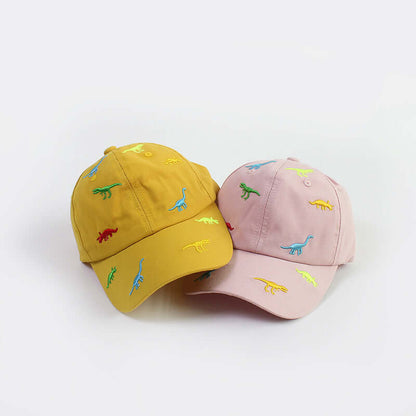 RICYGVM Dinosaur Embroidered Kids Baseball Cap in yellow and pink, perfect for little adventurers aged 3 to 7 years.