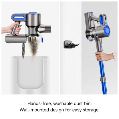 Cordless Vacuum Cleaner with LED Light &amp; Removable Battery, featuring hands-free dust bin and wall-mounted storage design.