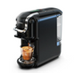Black coffee machine dispensing a shot of espresso into a glass cup on a white background
