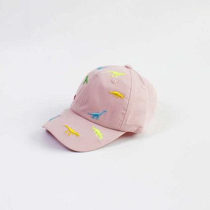 RICYGVM Dinosaur Embroidered Kids Baseball Cap featuring colorful dinosaur designs on a pink background.