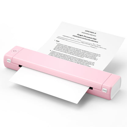 Pink document scanner with a piece of paper on a white background