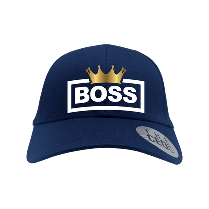 Boss Crown Embroidered Baseball Cap featuring a gold crown and bold text on a navy blue background.