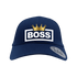 Boss Crown Embroidered Baseball Cap featuring a gold crown and bold text on a navy blue background.