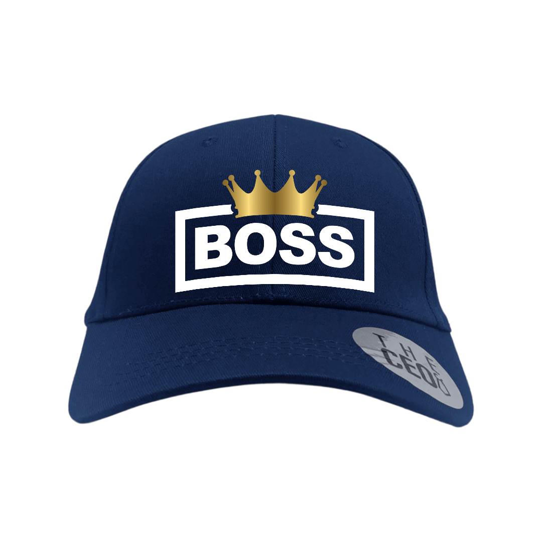 Boss Crown Embroidered Baseball Cap featuring a gold crown design on a navy blue cap.