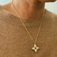 Gold necklace with a pendant worn by a person in a brown sweater.