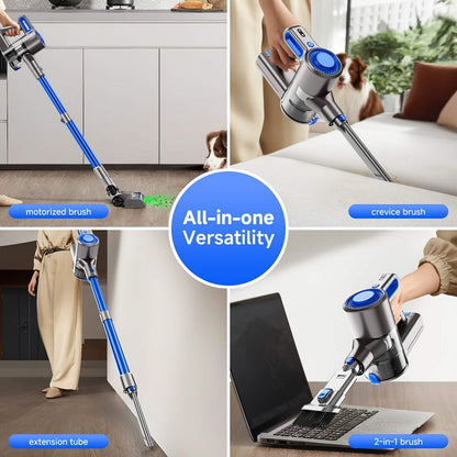 Cordless Vacuum Cleaner with LED Light &amp; Removable Battery showcasing motorized brush, crevice brush, extension tube, and 2-in-1 brush.