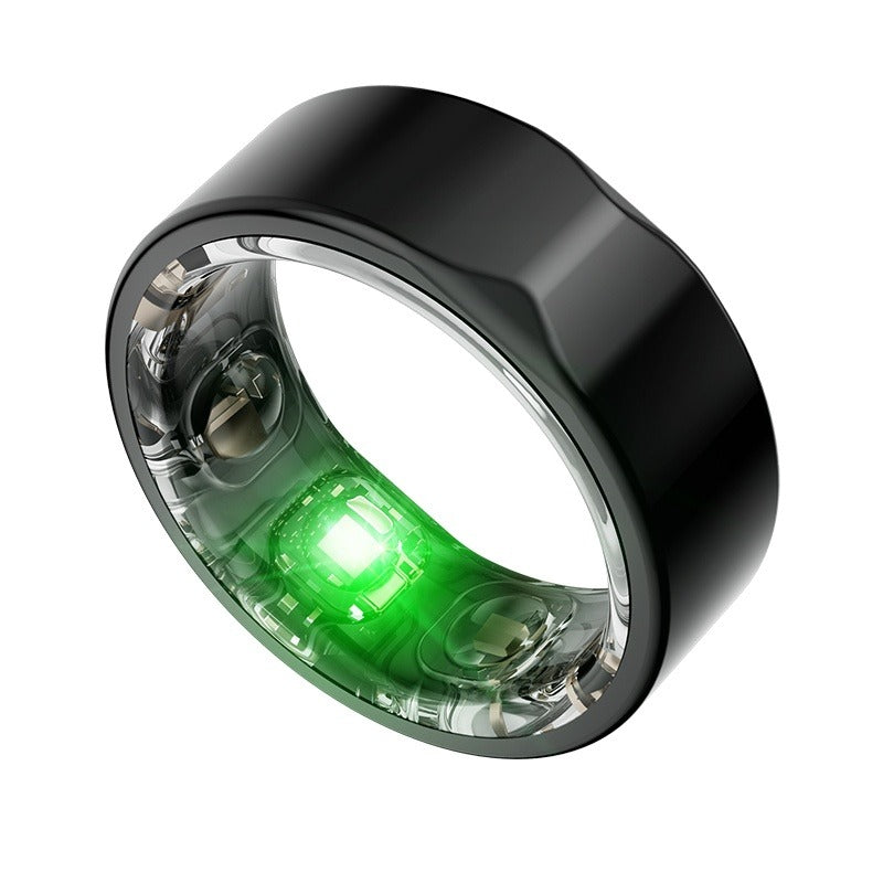 Black ring with a green light on a white background