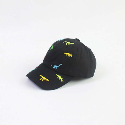 RICYGVM Dinosaur Embroidered Kids Baseball Cap featuring colorful dinosaur designs on a black background.