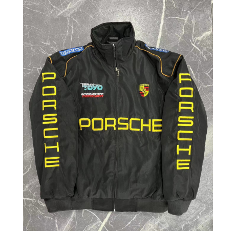 Black Porsche jacket with branding on a textured gray background
