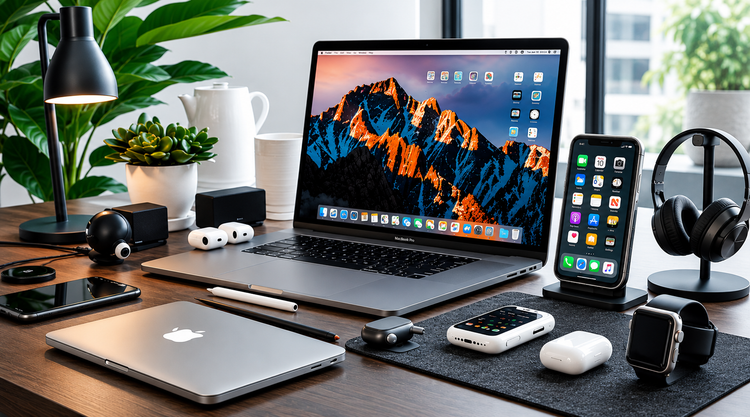A styled tech desk setup featuring a silver Apple MacBook with an open laptop displaying a mountain wallpaper, a closed silver laptop, a smartphone on a charging stand, a white wireless earbud case, a smartwatch, and other tech accessories on a dark wood desk.