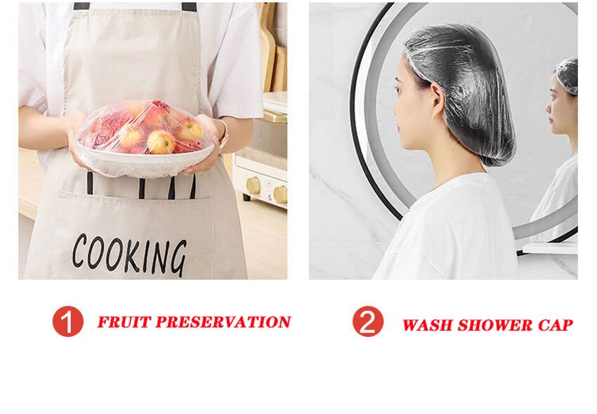 A two-panel demonstration showing a clear plastic cover used for fruit preservation and as a wash shower cap. The left panel shows a person in a white apron holding a bowl of fruit covered with the clear plastic wrap, labeled &