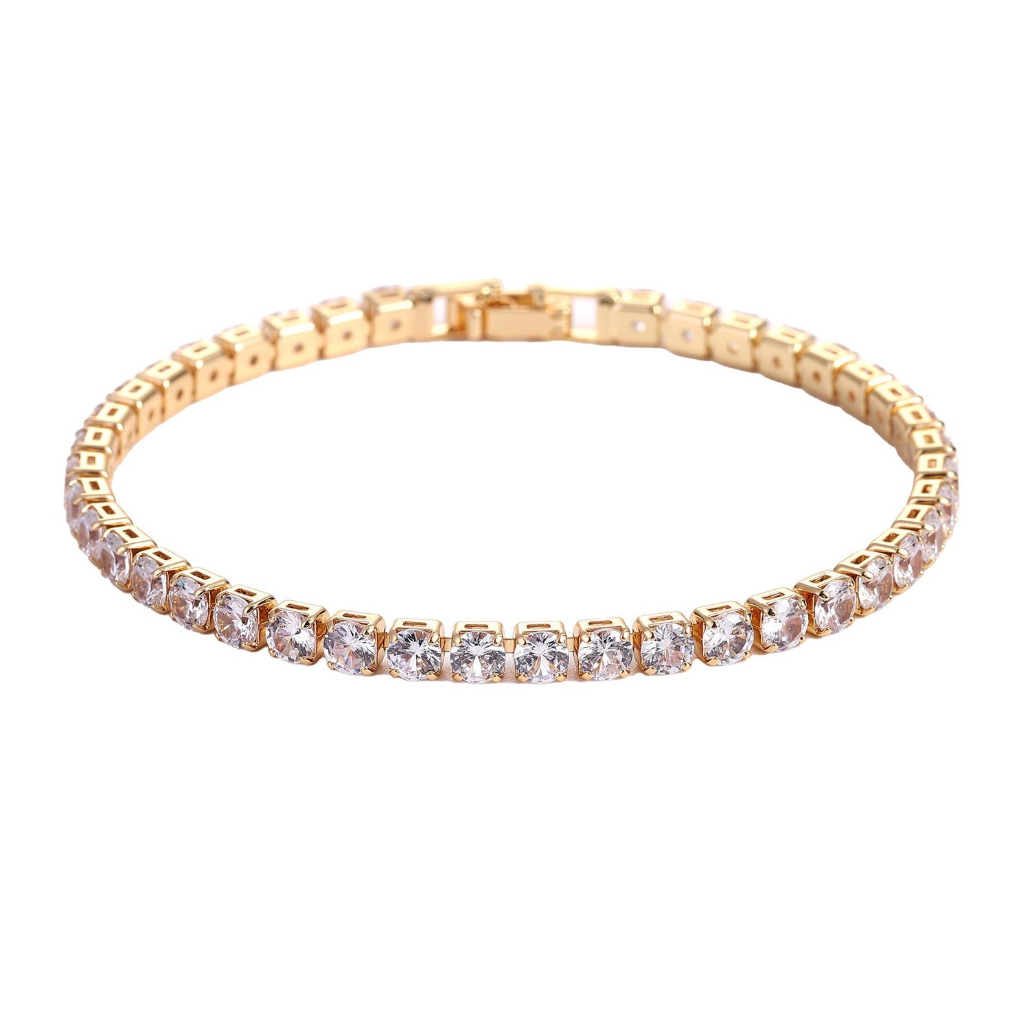 Gold bracelet with clear stones on a white background