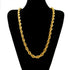 Gold rope chain necklace on a black mannequin bust against a white background