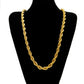 Gold rope chain necklace on a black mannequin bust against a white background