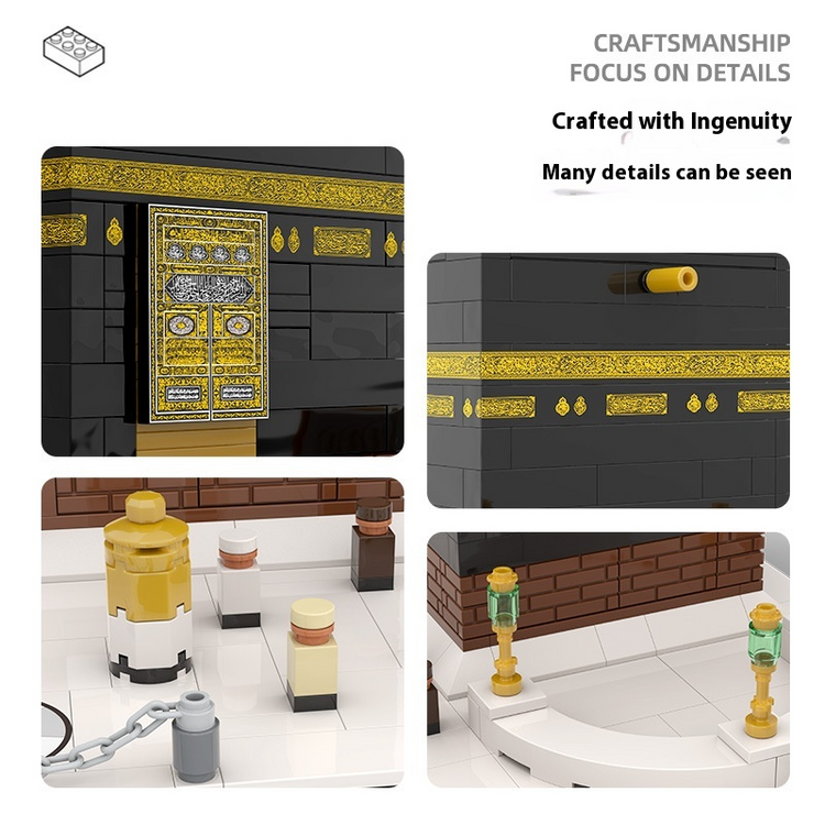 Detailed LEGO model of a religious building with gold and black accents, shown from multiple angles.