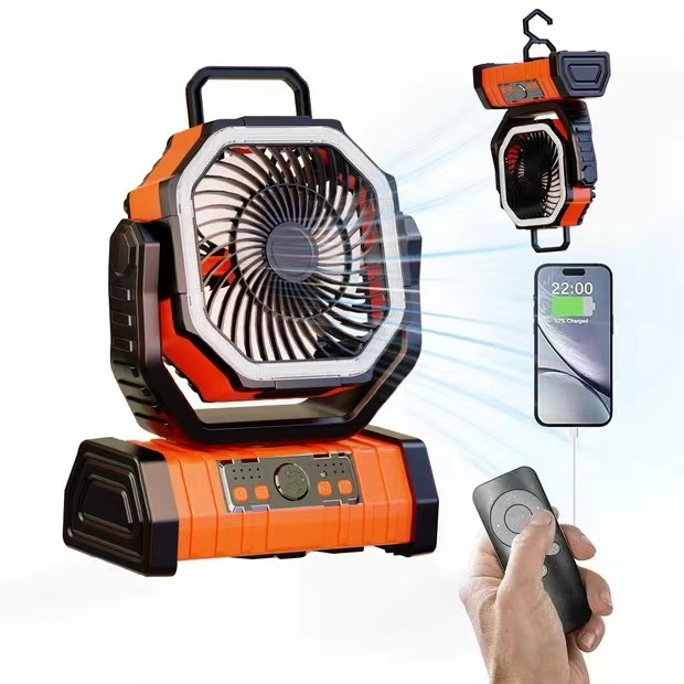 Portable fan with remote control and smartphone app interface on a white background