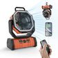 Portable fan with remote control and smartphone app on a white background