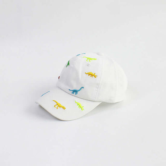 RICYGVM Dinosaur Embroidered Kids Baseball Cap showcasing colorful dinosaur designs on a white baseball cap.