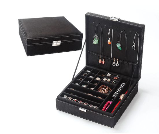 Stylish Jewelry Box featuring compartments for organizing and protecting jewelry, complete with lock and removable tray.