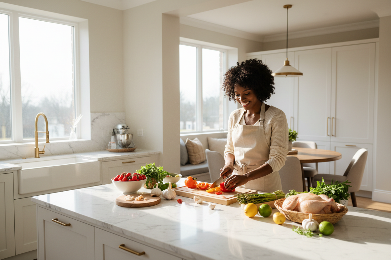 A woman in a beige apron stands in a bright, modern kitchen preparing food on a white marble island, surrounded by fresh vegetables and a whole chicken.