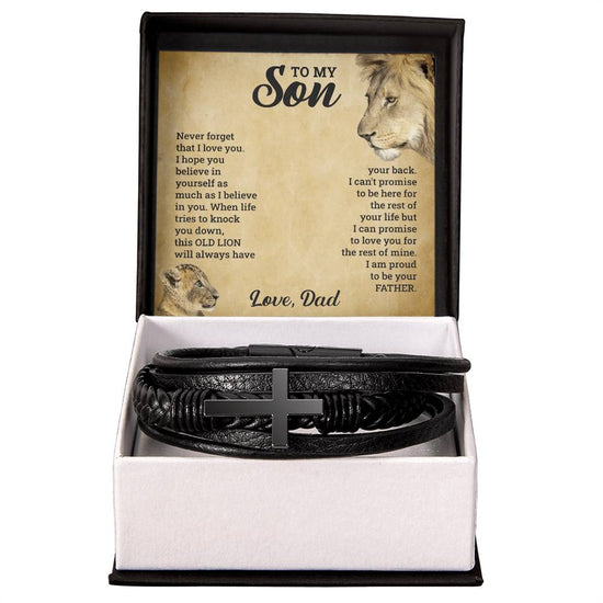 Black leather bracelet in a box with a message card for &