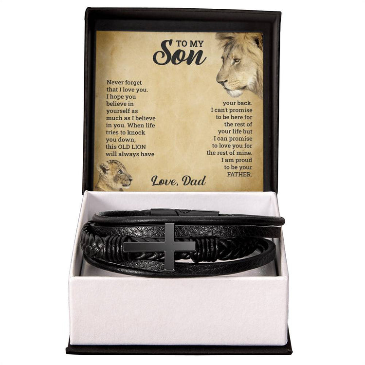 Black leather bracelet in a box with a message card for &