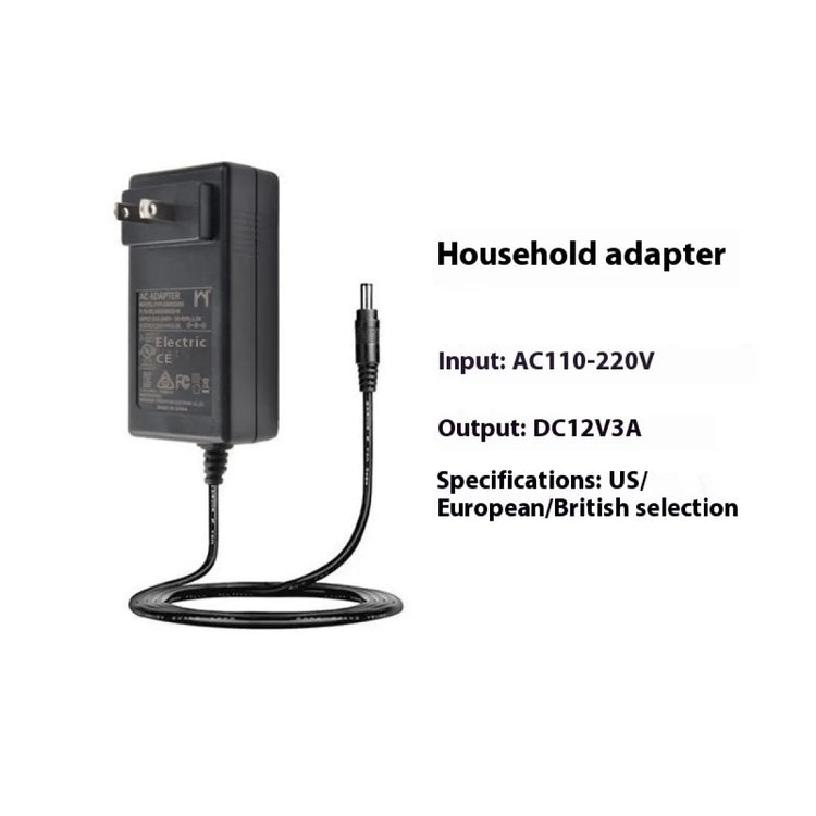 Black household adapter with specifications on a white background