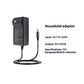 Black household adapter with specifications on a white background