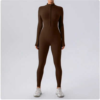Brown full-body suit worn by a person on a light gray background