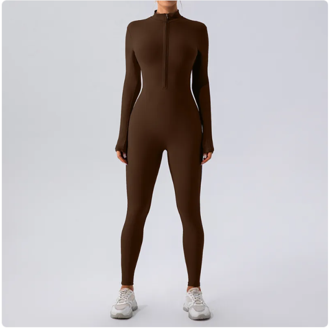 Brown full-body suit worn by a person on a light gray background