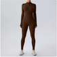 Brown full-body suit worn by a person on a light gray background