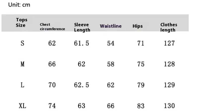 Size chart for tops with measurements in centimeters