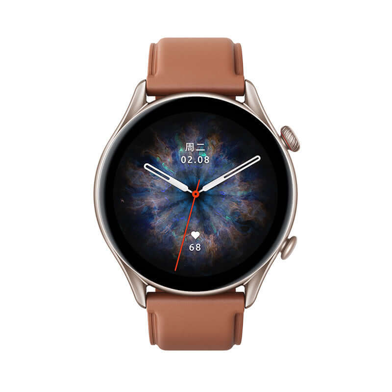 Amazfit GTR3 Pro Smartwatch with GPS and Health Monitor featuring a stylish dark dial and brown strap.