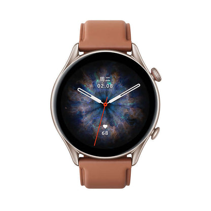 Amazfit GTR3 Pro Smartwatch with GPS and Health Monitor featuring a stylish dark dial and brown strap.