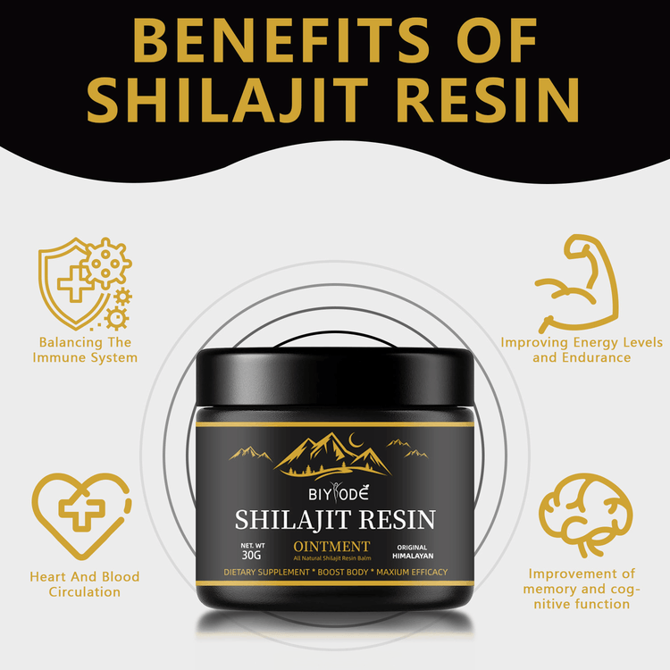 Bottle of Shilajit Resin with benefits listed on a white background