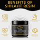 Bottle of Shilajit Resin with benefits listed on a white background