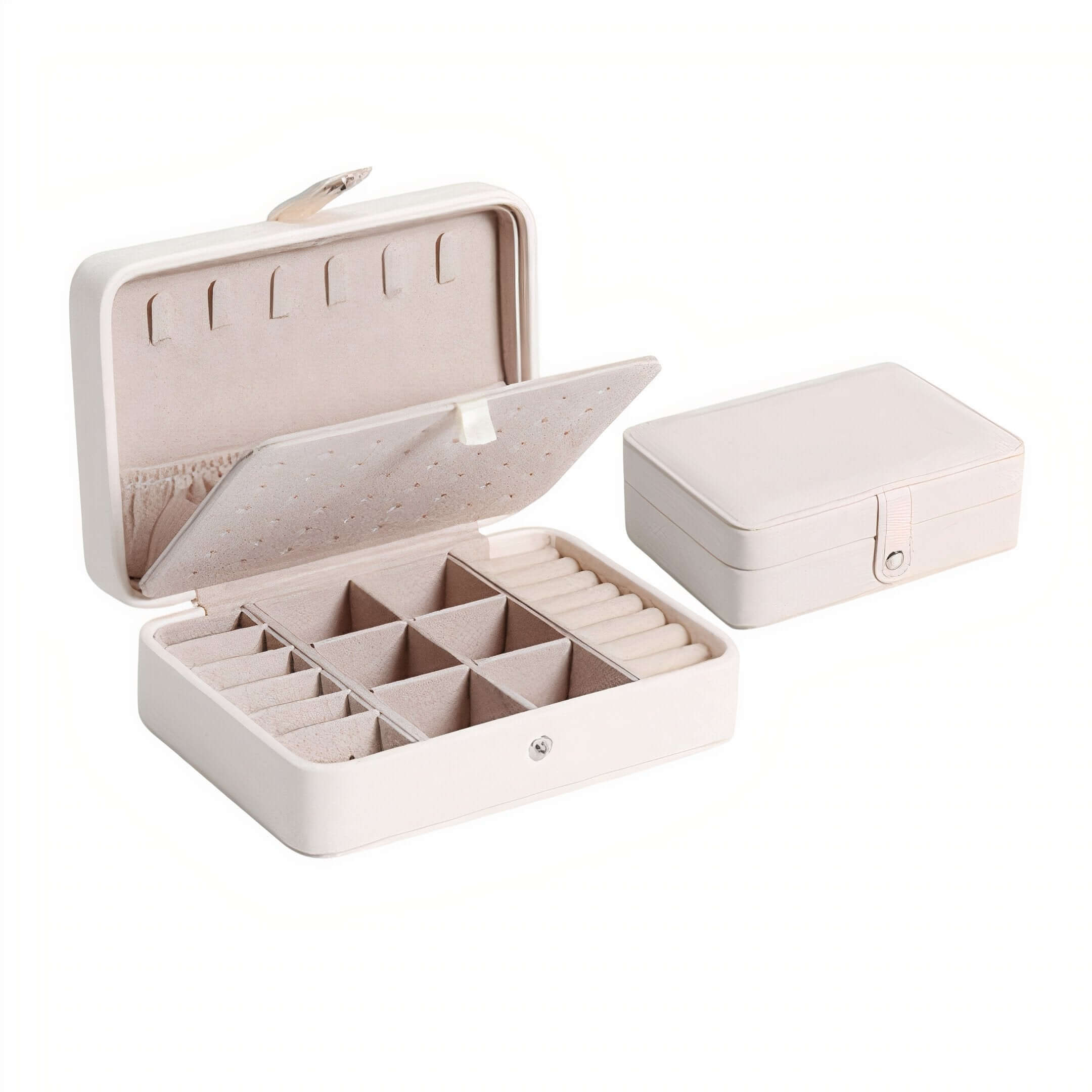 Smart Jewelry Box opened showing compartments for organizing rings, necklaces, and earrings in a stylish design.