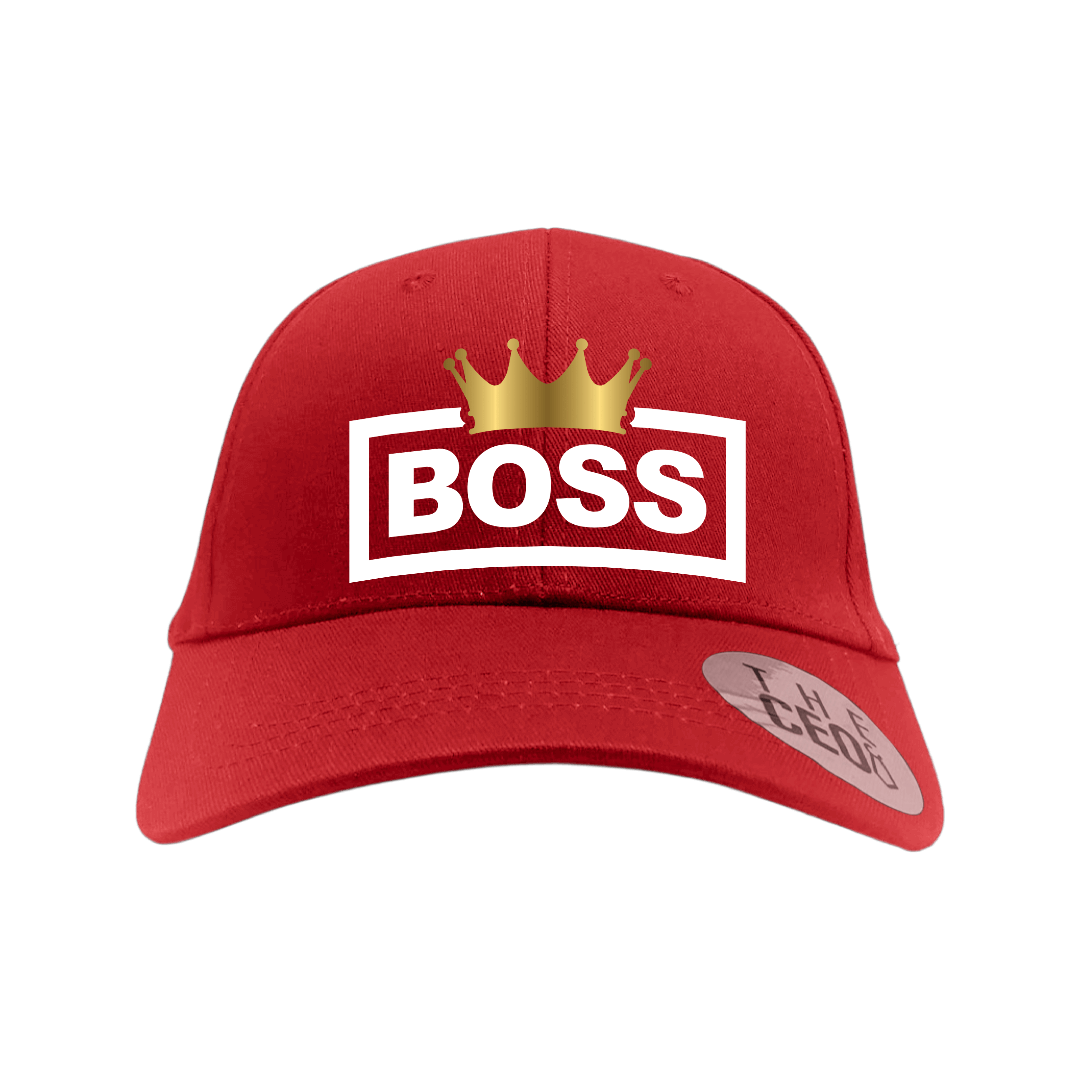 Boss Crown Embroidered Baseball Cap featuring a stylish red design with a golden crown and bold BOSS lettering.