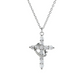Silver cross pendant necklace with clear stones on a white background