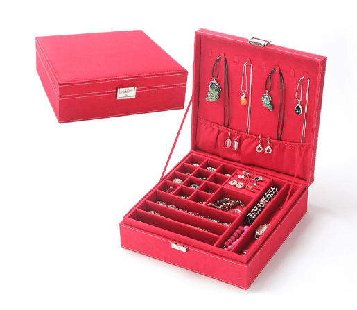 Jewelry Box with removable tray and ample storage space, featuring a sleek red design to organize and protect jewelry.