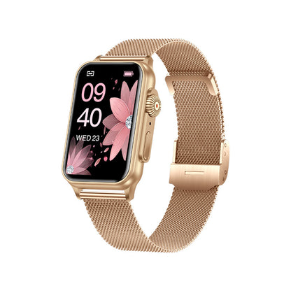 Gold smartwatch with a floral display on a white background