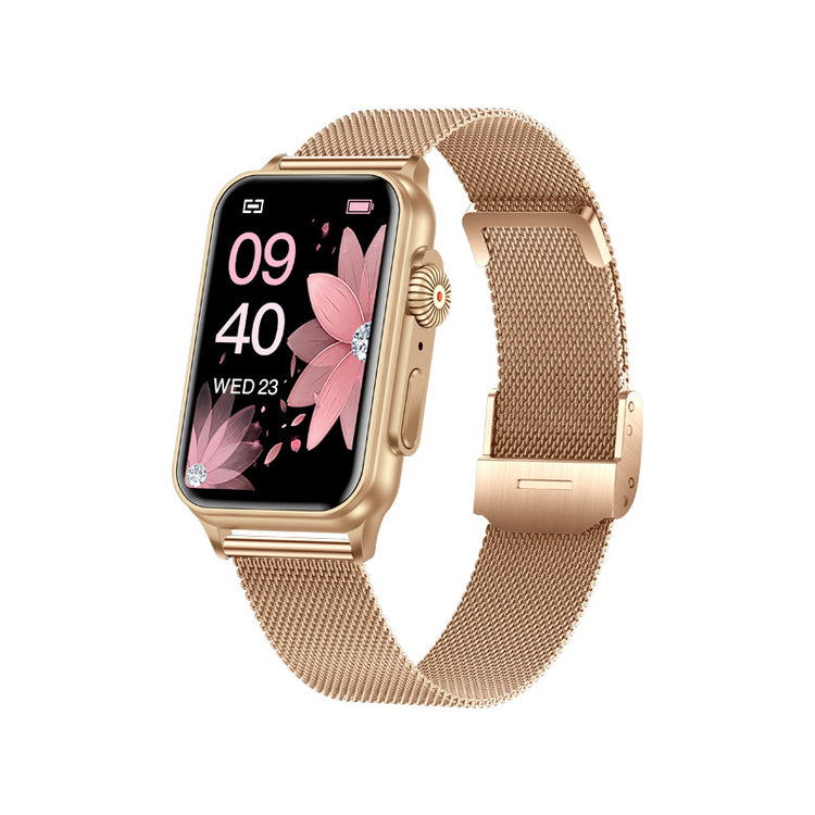 Gold smartwatch with a floral display on a white background