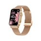 Gold smartwatch with a floral display on a white background