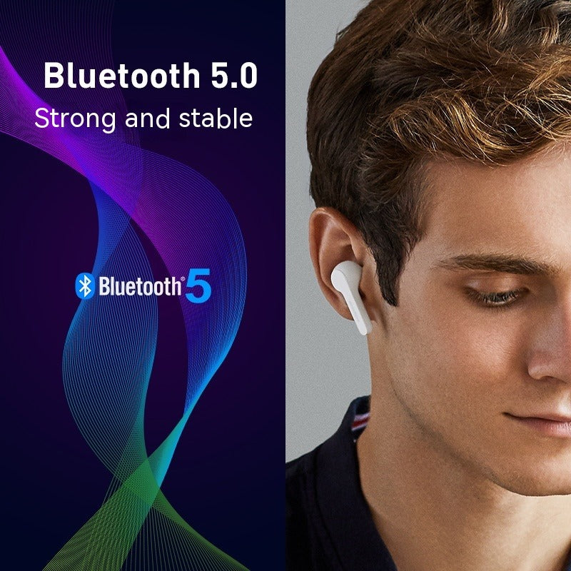 Man wearing wireless earbuds with Bluetooth 5.0 branding on a dark background