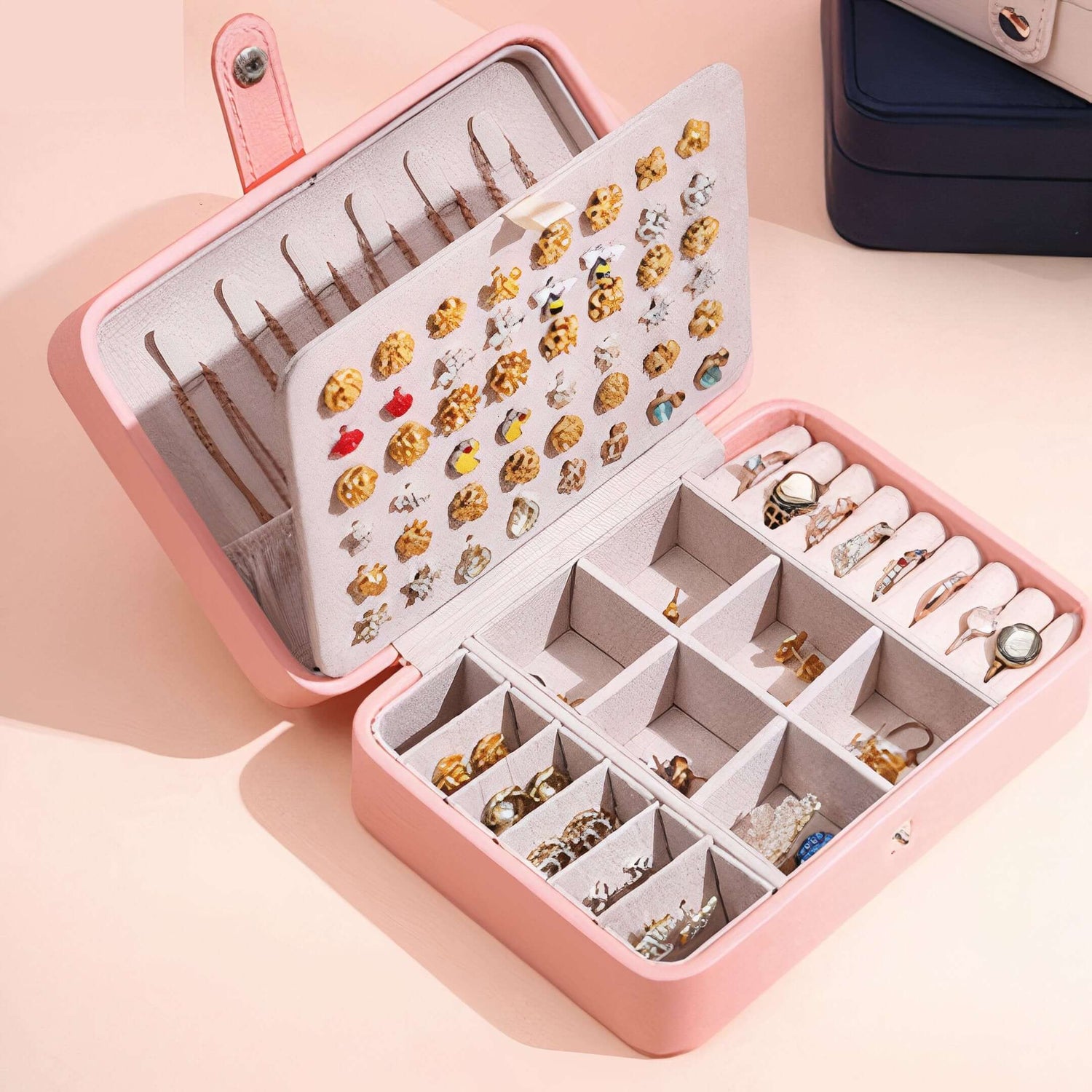Smart Jewelry Box displaying earrings, rings, and necklaces organized neatly in a stylish travel-ready design.