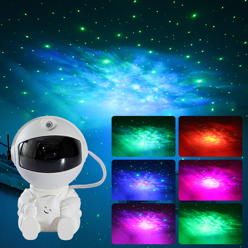 An astronaut galaxy projector creating colorful starry nebula projections in a children&