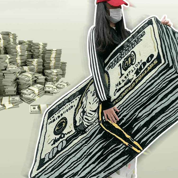 a shaggy area rug designed to look like a stack of dollar bills.