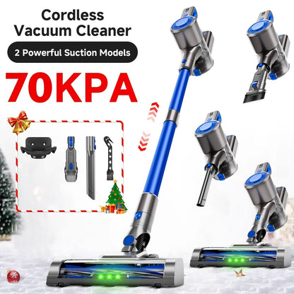 Cordless Vacuum Cleaner with LED Light &amp; Removable Battery, featuring strong 70KPA suction power and versatile attachments.
