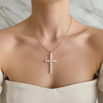 Pearl Cross Pendant Clip Chain Necklace