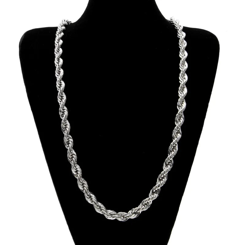 Silver rope chain necklace on a black mannequin bust.